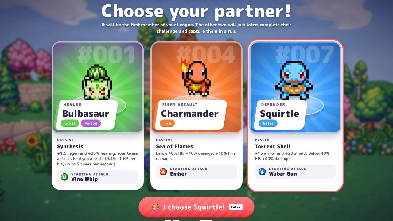 The original Beta v0.5.5 starter selection shows Bulbasaur, Charmander and Squirtle with their passives